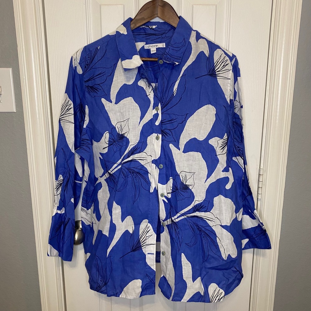 Chicos Blue White Floral 100% Linen Button Down Shirt Size 3 XL 16